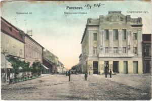 1906 Pancsova, Pancevo; Starcsovai út, Népbank, Juba és Csányi üzlete, gyógyszertár / street, bank, shops, pharmacy
