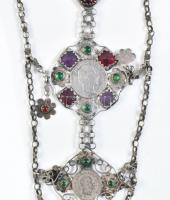 cca 1900 Ezüst (Ag) autenikus lázsiás népi ékszer, dekoratív többsoros lánc, XIX. sz. végi osztrák e...