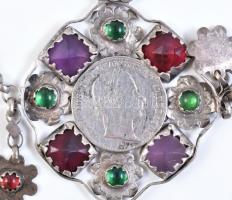 cca 1900 Ezüst (Ag) autenikus lázsiás népi ékszer, dekoratív többsoros lánc, XIX. sz. végi osztrák e...