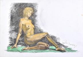 Rubint Ávrahám Péter (1958-): Ülő akt. Ofszet, akvarell, papír, kartonra kasírozva, jelzett, 29×41,5 cm