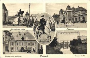 1941 Kolozsvár, Cluj; Horthy Miklós, Mátyás király szobor és szülőháza, vasútállomás, Szamos / Horthy, monument and birth house of Matthias Corvinus, railway station, Somes river