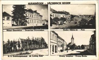 1943 Szászrégen, Reghin; Német gimnázium, Horthy Miklós tér, St. Ludwig Roth német nemzetiségi iskola, evangélikus templom / German schools, square, Lutheran church (EK)