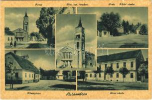 Alsódomboru, Donja Dubrava; Fő tér, Római katolikus templom, Posta, Községháza, Elemi iskola. Kiadja Miszer Károly / main square, Catholic church, post office, town hall, elementary school