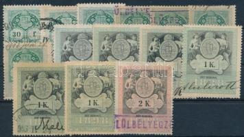 1898-1899 21 db okmánybélyeg 11 db kivágáson + 14 db okmánybélyeg, 3 db stecklapon