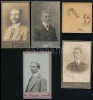 cca 1900-1920 Műtermi portrék, 5 db keményhátú fotó, különböző műtermekből (Goszleth I., Licht F., Erdélyi, Steegmüller, B. Neumann), változó állapotban, 6,5x6,5 cm és 10,5x6,5 cm méretben