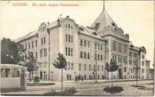 Újvidék, Novi Sad; Kir. katolikus magyar főgimnázium, villamos / Hungarian grammar school, tram