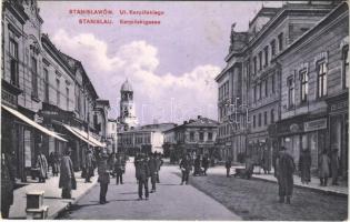 1914 Ivano-Frankivsk, Stanislawów, Stanislau; Ul. Karpinskiego, Zuckermann, Meier Feller, Fryzyer, Feldmann / street, shops
