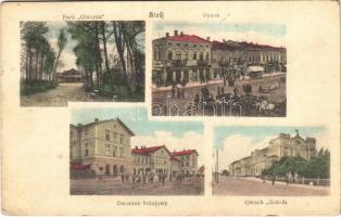 Stryi, Stryj, Strij; Park Olszína, Rynek, Dworzec kolejowy, Gmach Sokola / market, railway station, ...