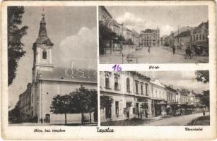 1949 Tapolca, Római katolikus templom, Fő tér, utca, üzletek, kerékpár (kopott sarkak / worn corners)