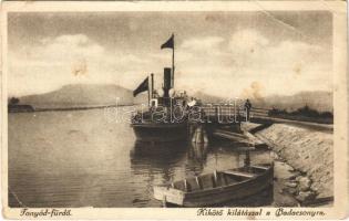 1925 Fonyód, kikötő kilátással a Badacsonyra, gőzhajó, csónak (EB)