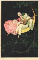 1928 Bohóc és hölgy holdon / Pierrot and lady on moon. Italian art postcard 797.