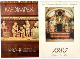 1980 Medimpex naptár, rajta régi gyógyszerész kellékek, tárgyak fotóival. + 1985 Régi naptár, rajta a kőszegi Arany Egyszarvú patika fotóival.