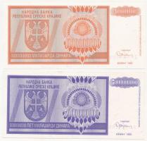 Horvátország / Krajnai Szerb Köztársaság 1993. 1.000.000.000D pótkiadás, alacsony Z 0000604 sorszámmal + 5.000.000.000D A 0004555 sorszámmal T:I  Croatia / Republic of Serbian Krajina 1993. 1.000.000.000 Dinara replacement note with low Z 0000604 serial number + 5.000.000.000 Dinara with A 0004555 serial number C:UNC
