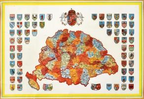 Nagy Magyarország térképe, címerekkel, modern reprint, 39x57 cm