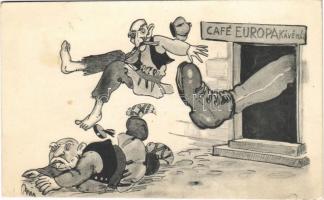 Café Európa Kávéház. Humoros első világháborús antant-ellenes grafikai lap / WWI Austro-Hungarian K.u.K. military propaganda, Anti-Entente Powers mocking humorous art postcard s: Biró