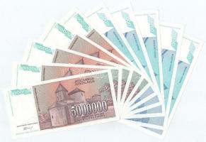 Jugoszlávia 1993. 5.000.000D (5x) közte sorszámkövető pár, egyugrásos sorszámkövető pár + 1994. 5000...