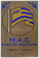 1938. "M.A.C. (Magyar Athletikai Club) Evezős Osztálya" hátlapon gravírozva "Turadij 1938 1000KM", zománcbetétes Br sport díjérem, "BERÁN N" gyártói jelzéssel (64,5x42,5mm) T:2 kis zománchibák