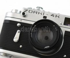 Zorkij-4 szovjet fényképezőgép, Jupiter-8 50 mm f/2 objektívvel, eredeti bőr tokjában, kissé kopotta...