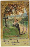 1906 Imádkozó férfi. Dombornyomott arany díszítéses litho művészlap / Praying man. Embossed, golden litho