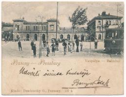 1901 Pozsony, Pressburg, Bratislava; Vaspálya, vasútállomás, villamos. Duschinsky G. / Bahnhof / railway station, tram. mini card (9 x 6,9 cm) (r)