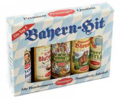 Penninger Bayern-Hit, 5 darabos gyomorkeserű, - likőr (Echter Blutwurz, Bayern Kümmel, Bauern Obstler, Alt-Bayrischer Kräuter-Likőr, Extrastarker Bärwurz.) csomag, eredeti dobozába, bontatlanok, 5x4 cl.