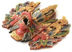 Távol-keleti gazdagon festett sárkány maszk, fali dísz, fa, kisebb repedésekkel, apró sérülésekkel, ...