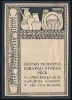 cca 1900-1910 Zsolnay Vilmos-féle keramiai gyárak Pécs, szecessziós Zsolnay-reklám, papír kartonra kasírozva, jelzés nélkül, 18x12,5 cm