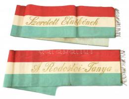 Magyar zászló Rodostói tanya- Szeretett Elnökünknek, festett papír, 2 db, kopott, sérült, 24x150 , 24x120 cm