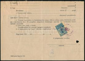 1946 Nagyvárad, nemzetiségi bizonyítvány, illetékbélyeggel a hátoldalon
