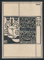 cca 1910 Kozma Lajos (1884-1948): Sipos Henrik Asztalos. Ráday u. 24. Telefon 61-66., reklám grafika, papír, klisé, kartonra kasírozva, 13x9,5 cm