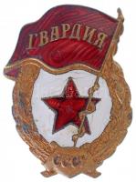 Szovjetunió ~1960-1970. Szovjet Gárda jelvény aranyozott, zománcozott fém jelvény csavaros hátlappal (48x36mm) T:2- Soviet Union ~1960-1970. Badge of the Soviet Guards gilt, enamelled metal badge with screw back (48x36mm) C:VF