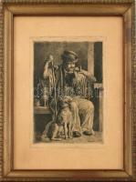 Szemlér Mihály (1833-1904): Pipázó a kutyájával, 1864. Rézkarc, papír. Jelzett a karcon. Üvegezett, kissé kopott antik fa keretben. 21,5x15,5 cm
