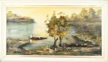 Lukács János (1952- ): Táj. Olaj, farost, jelzett, fa keretben, hátoldalán Műkincs Kft. címkéjén fel...