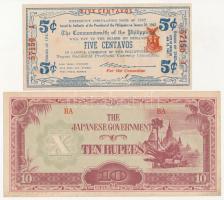 Vegyes: Fülöp-szigetek 1942. 5c szükségpénz, amely az emigráns kormány nevében készült + Burma / Japán megszállás 1942-1944. 10R T:I-,II  Mixed: Philippines 1942. 5 Centavos necessity note, issued in the name of the government-in-exile + Burma / Japanese occupation 1942-1944. 10 Rupees C:AU,XF