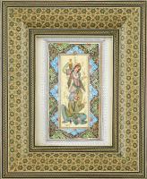 Perzsa csontlapra festett kép. Jelzett, dekoratív, mozaikberakásos üvegezett keretben, jó állapotban. Külső méret: 26,5x21,5 cm