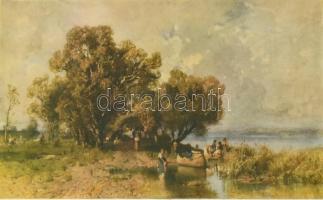 Üvegezett, dekoratív fa képkeret Mészöly Géza Balatoni halásztanya festményről készült nyomattal. Belső méret: 24x32cm, külső méret: 27x35cm