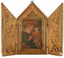 Díszes mini szárnyasoltár, fa gipsz rátéttel, arany színű festéssel, Filippo Lippi: Szűz Mária gyermekkel és két angyallal c. festmény részletének nyomatával, kopásnyomokkal, 14x16,5 cm