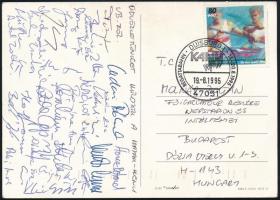 1995 A magyar kajak-kenu válogatott képeslapja a duisburgi VB-ről, 27 aláírással