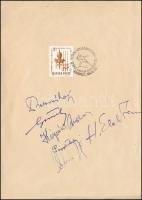 Kárpáti Rudolf (1920-1999) olimpiai bajnok karvívó, Elek Ilona tőrvívó, Gerevich Aladár és más sportolók aláírása papírlapon