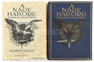 A Nagy Háború írásban és képben I-II. kötete: Első rész: Északon és délen I-II. kötet. Szerk.: Lándor Tivadar. Báró Hazai Samu bevezetésével. Bp.,1915-1916,Athenaeum, 8+IV+304 p. + 8+384 p. Egészoldalas és szövegközti fekete-fehér képekkel, egészoldalas színes képekkel, valamint térképekkel gazdagon illusztrált. Kiadói dúsan aranyozott, festett, illusztrált egészvászon-kötés, az I. kötet eredeti illusztrált papír védőborítóval (!!!), az I. kötet borítója szép állapotban, a papír védőborító kopott, kissé foltos, javított, a II. kötet borítója kissé kopott, az I. kötetben egy-két lapszélen és egy térképen szakadással, a 118-123. oldalak között a lapok kijárnak, a II. kötetben a 118-123. oldalak között a lapok és képtábla hiányzik.