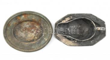 Alpakka szószos kiöntő és fém tálca, rozsdás, 20×13 és 20×17 cm