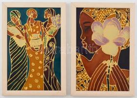 2 db afrikai festett üvegkép keretben, apró karcolásokkal. 33x23 cm