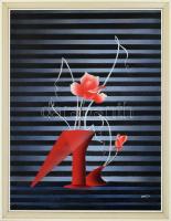 Octavian Florescu (1957-): Vörös virág, 1989. Olaj, farost, jelzett, fa keretben,78,5x60 cm