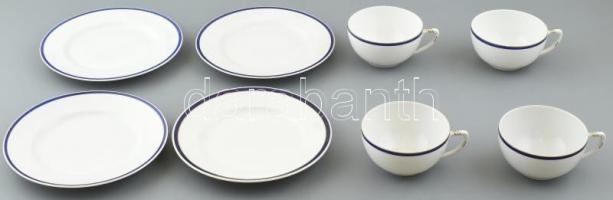 8 darabos Zsolnay cobalt és arany díszítésű porcelán együttes, 4 db csésze d: 9,5 cm, 4 db süteményes tányér d: 18,5 cm. Jelzett. Korának megfelelő állapotban, kopott.