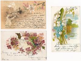 3 db RÉGI virágos litho üdvözlő képeslap / 3 pre-1901 floral litho greeting postcards