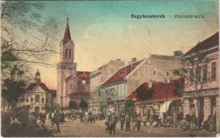 Nagybecskerek, Zrenjanin, Veliki Beckerek; Hunyady utca, piac, üzletek, templom / street, market, shops, church (EB)