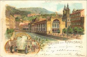 Karlovy Vary, Karlsbad; Sprudelcolonnade, Sprudel / mineral water spring. Ludwig Roth 405. Art Nouveau, floral, litho