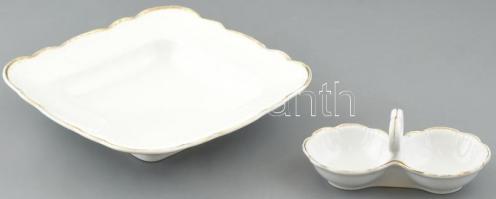 Zsolnay porcelán húsos tál (lepattanással), só- és borstartó, jelzettek, kisebb kopásokkal