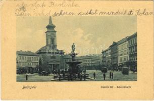 1910 Budapest VIII. Calvin (Kálvin) tér, szökőkút, templom, villamosok, üzletek