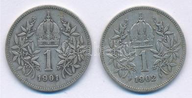 Ausztria 1901-1902. 1K Ag "Ferenc József" (2x) T:2-,3 Austria 1901-1902. 1 Corona Ag &quot...